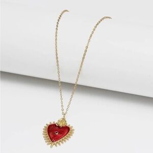 Gold and Red Heart Evil Eye Pendant Necklace